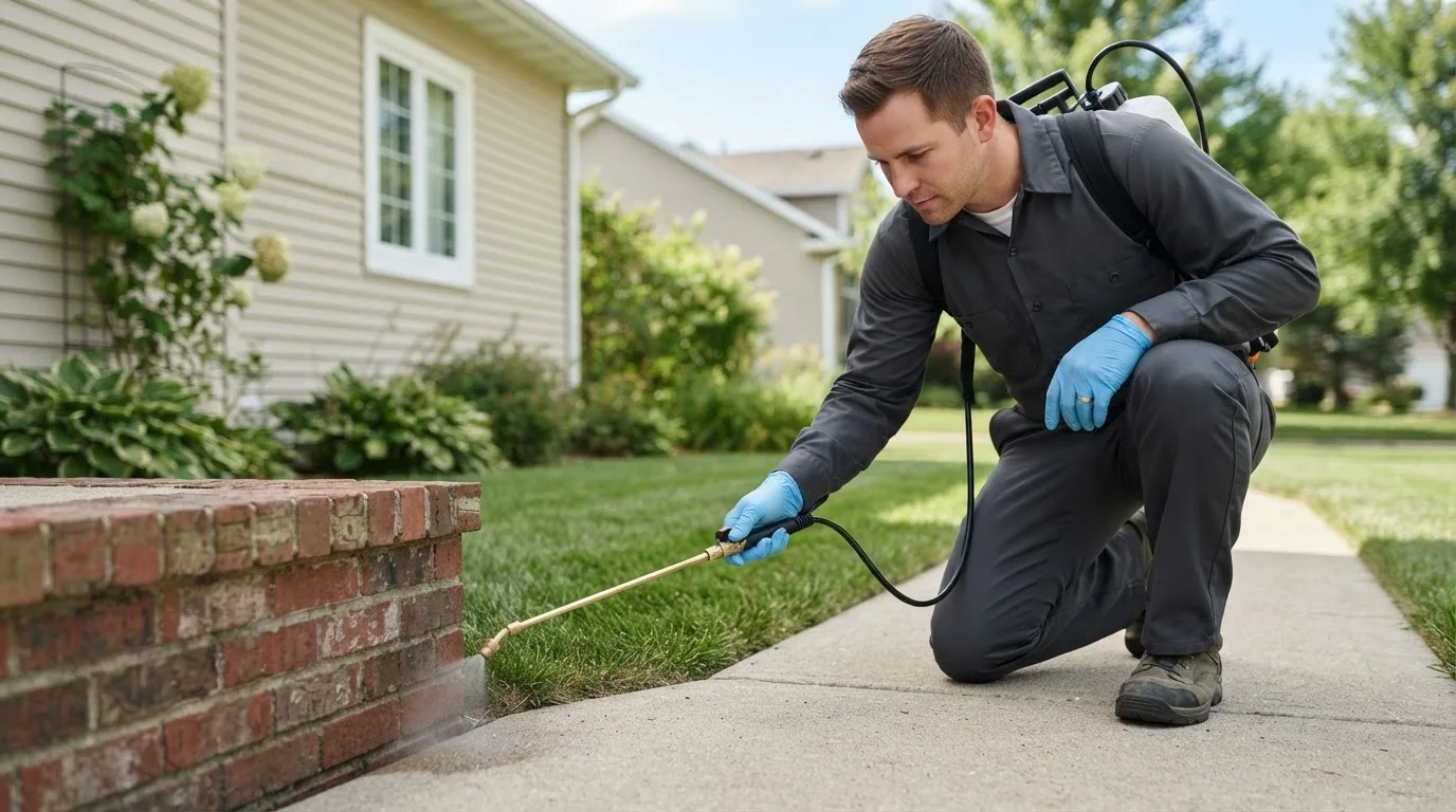 Pest control technician treating a home near Perry, ME